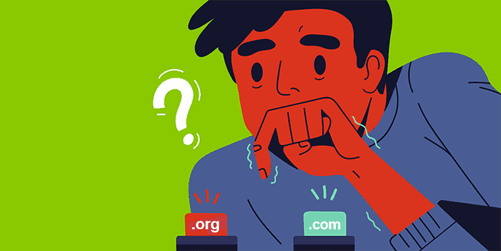 a man deciding to push either .org red button or .com blue button